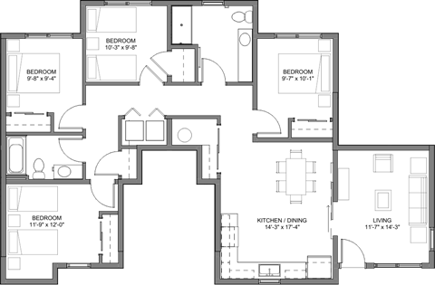 Floor plan for 4 beds, 2 baths, 1425 sqft